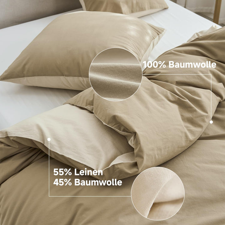 Simple&Opulence Bettwäsche 135x200 Leinen und Baumwolle, Bettwäsche-Sets Leinen Khaki 3 Teilig mit R