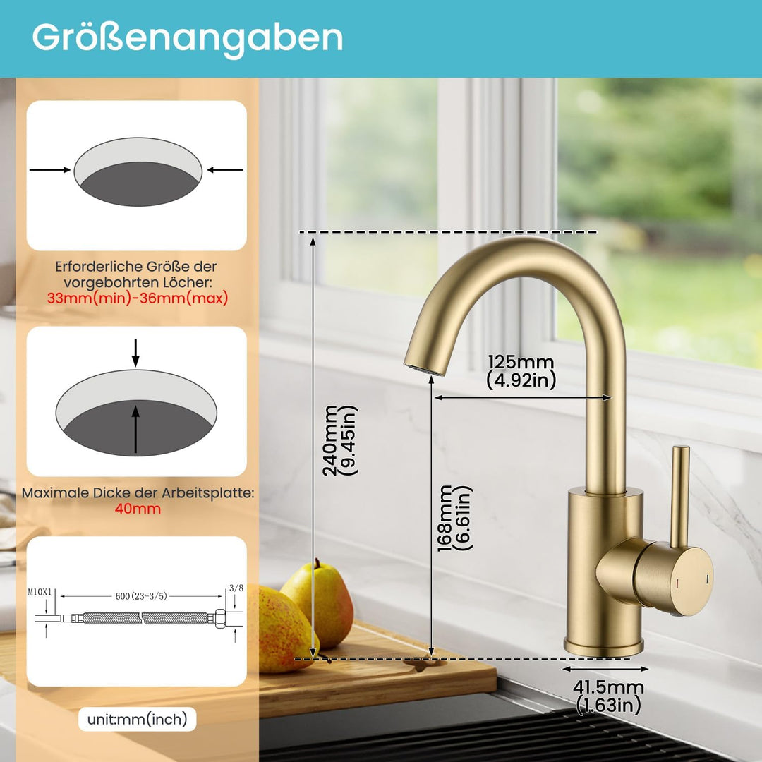 Wasserhahn Bad,Badarmatur/Küche Klein,360°drehbar,Einhebelmischer,Edelstahl Waschbeckenarmatur Gold