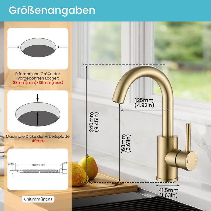 Wasserhahn Bad,Badarmatur/Küche Klein,360°drehbar,Einhebelmischer,Edelstahl Waschbeckenarmatur Gold