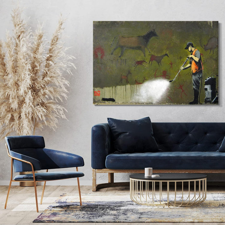 Printed Paintings Leinwand (60x40cm): Banksy - Mann entfernt uralte Wandbemalung Desaster 60x40 cm,