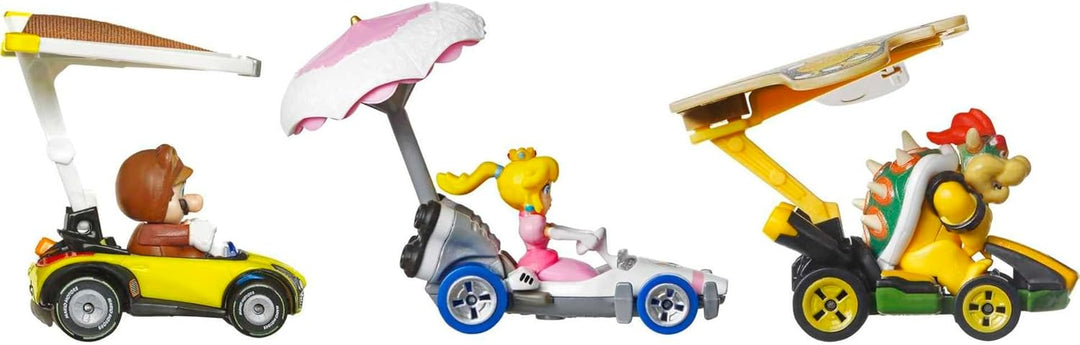 Hot Wheels HDB39 - Super Mario Kart Glider 3er-Pack, 3 Spielzeugautos im Massstab 1:64, mit drehbare