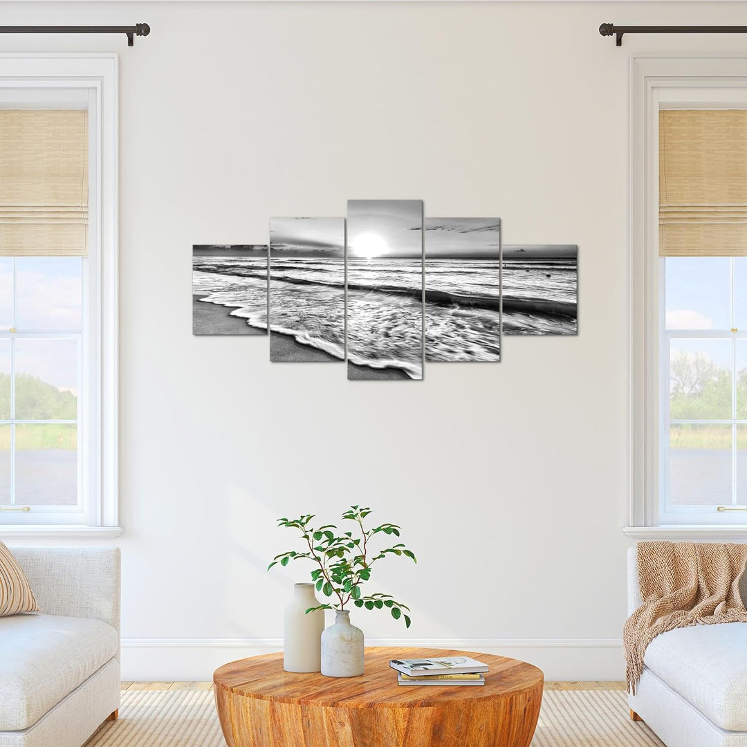 Runa Art Bild Schlafzimmer Wohnzimmer Sonnenuntergang Strand 5 Teilig Panorama Schwarz Weiss Wandbil