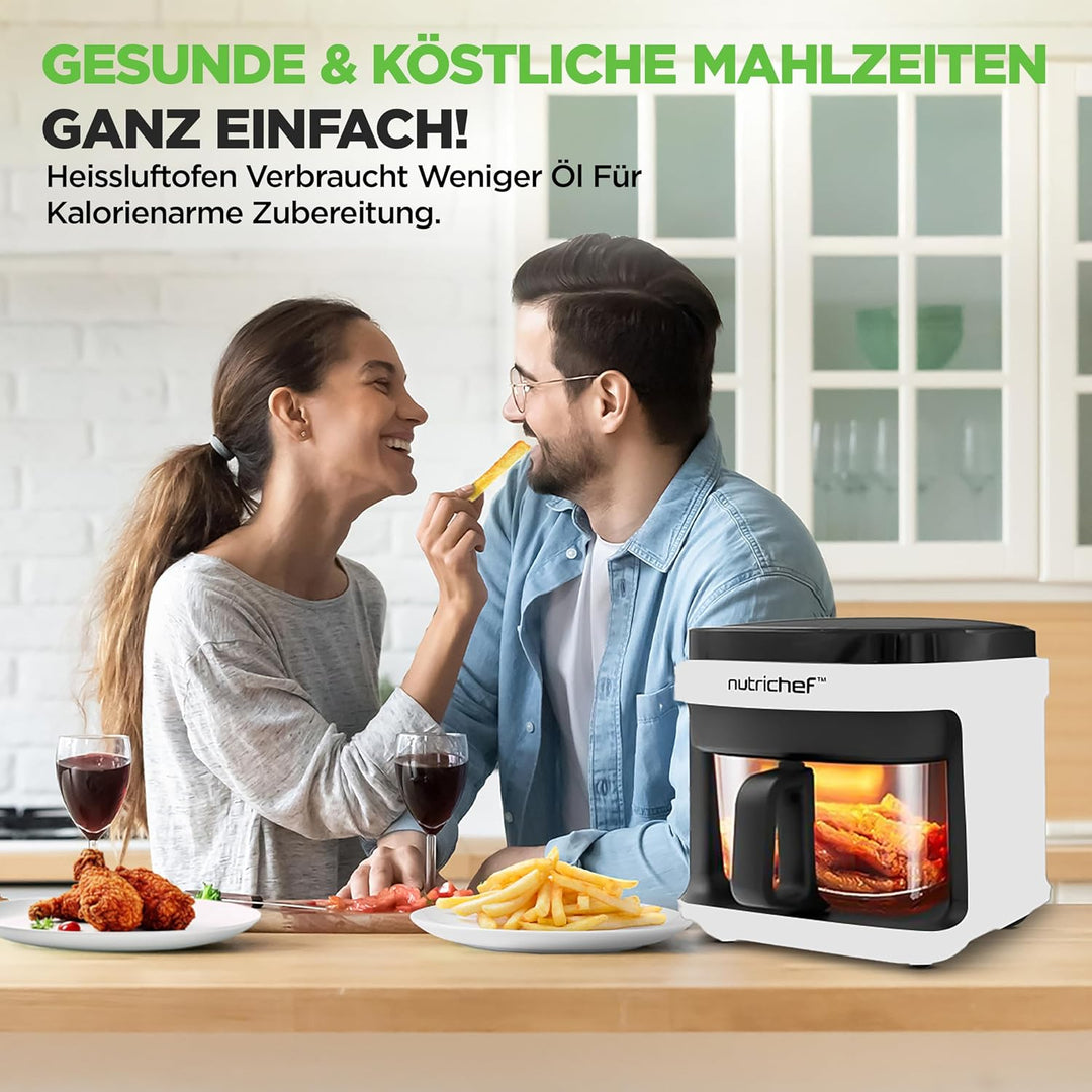 NutriChef Heissluftfritteuse 5,5L Weiss – Elektrische 8-in-1 Airfryer mit Glasbehälter &amp; LED-Touchdi