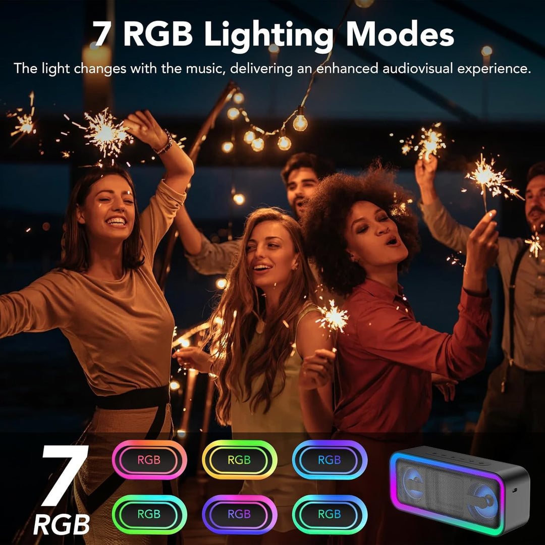 Bluetooth Lautsprecher mit Licht, Musikbox Bluetooth 5.4, 30W Stereo Bass Boost, IPX7 Wasserdicht, 7