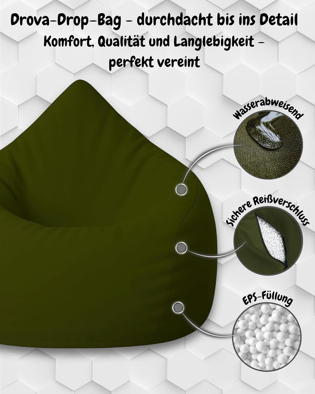PATCH HOME Patchhome Sitzsack Tropfenform mit Reissverschluss Nachfüllbar - für In &amp; Outdoor - mit S