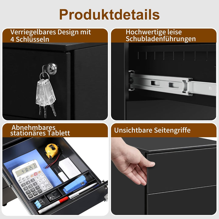 Rollcontainer, Mobiler Aktenschrank mit 3 Schlössern, 4 Schlüssel, 3 Schubladen, Rollcontainer Schre