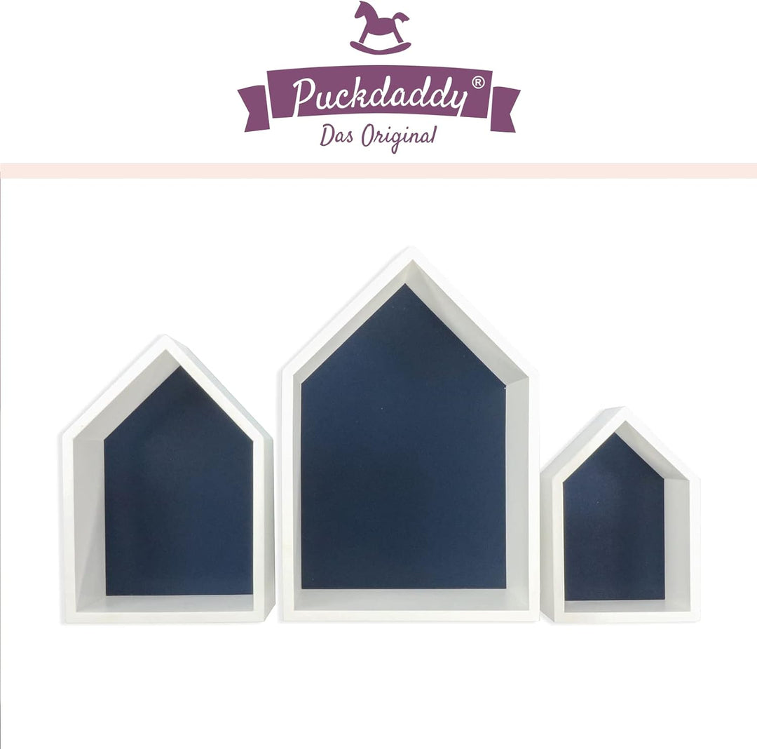 Puckdaddy Elise | Hausregal in Dunkelblau | 3er-Set | Dekorative Regale im Haus-Design | Kinderzimme