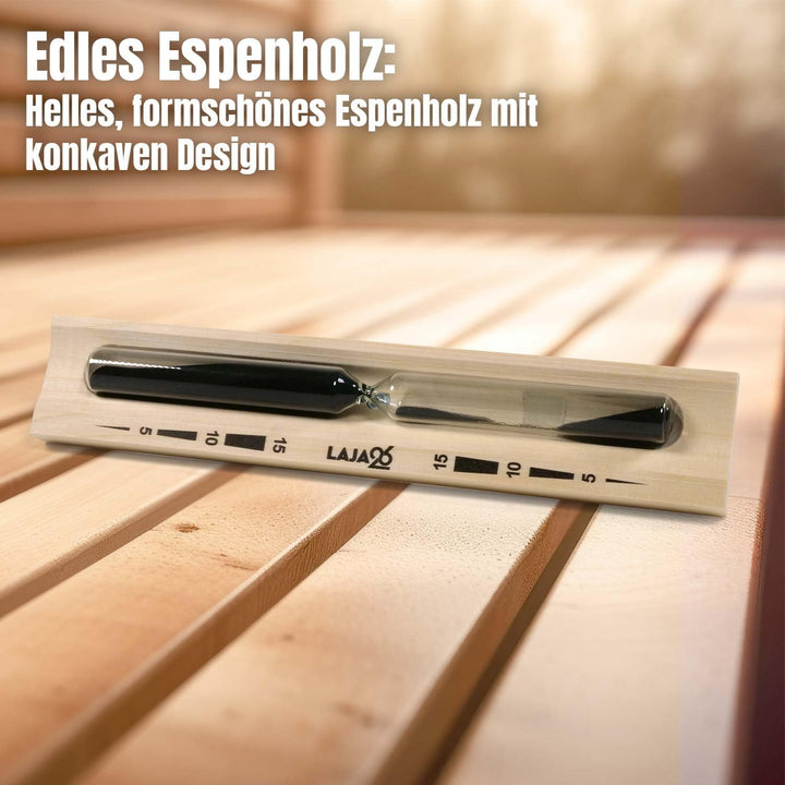 LaJa26 Sauna Sanduhr "Konkav" schwarzer Sand - FSC Espenholz - Drehgestell aus Holz zur Montage an d