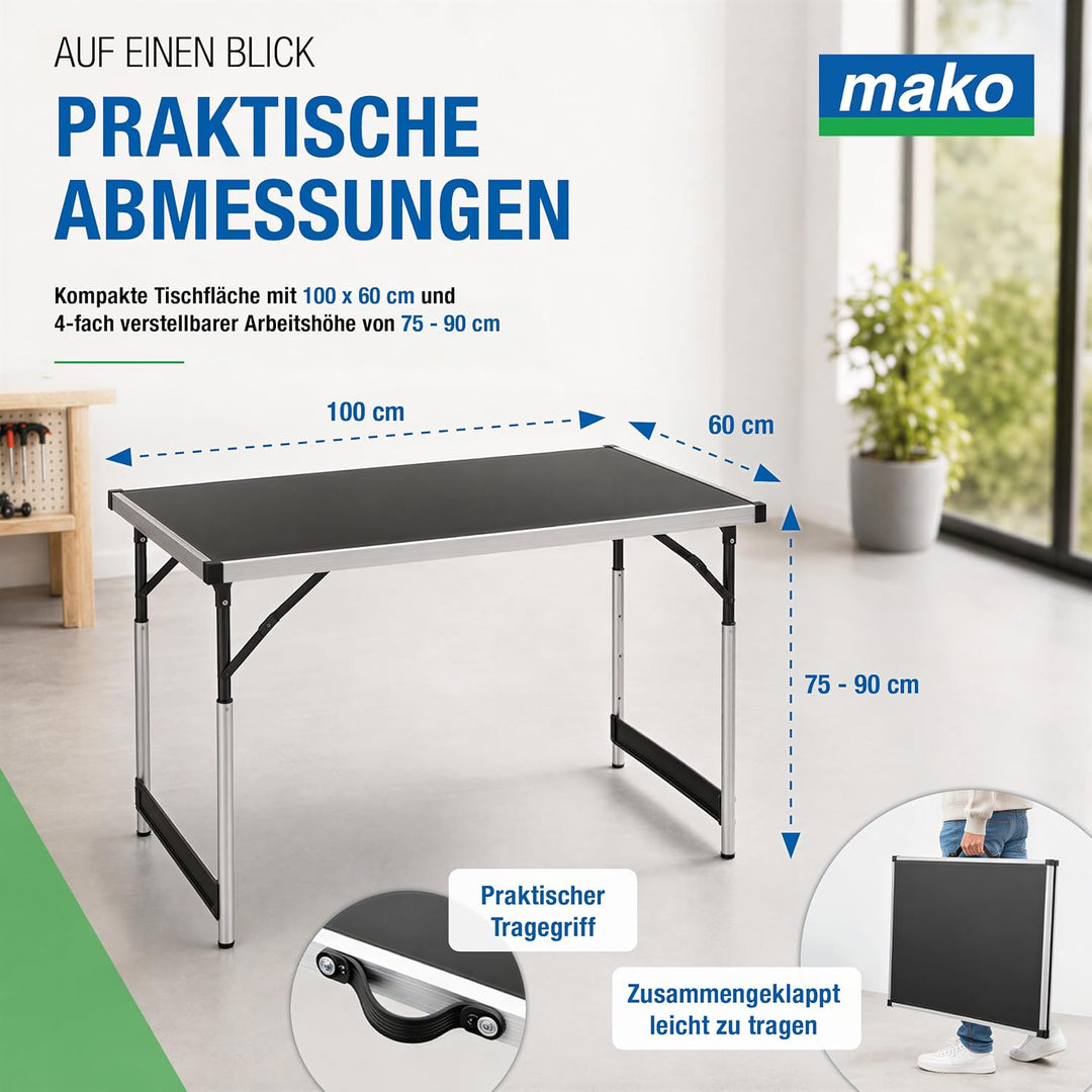 mako Tapeziertisch Profi, 3er-Set – Höhenverstellbarer Multifunktionstisch mit Alu-Rahmen, robuster