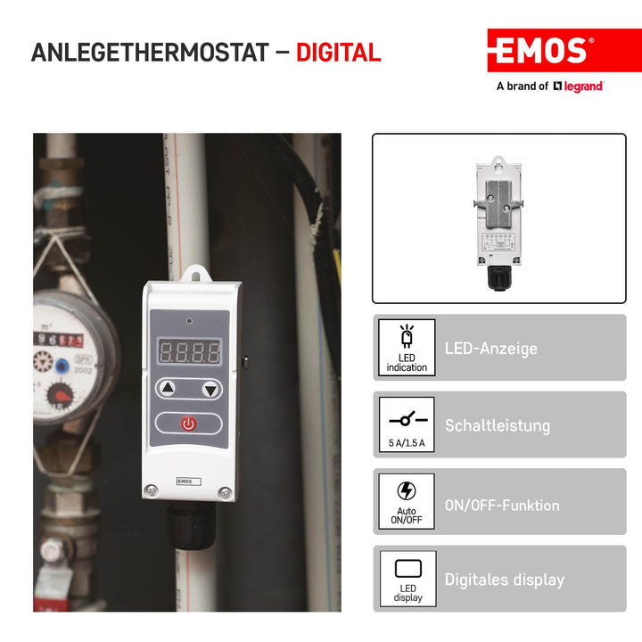 EMOS P5683 Anlegethermostat mit einstellbarer Schaltempfindlichkeit, Schraubenfeder und digitalem Di