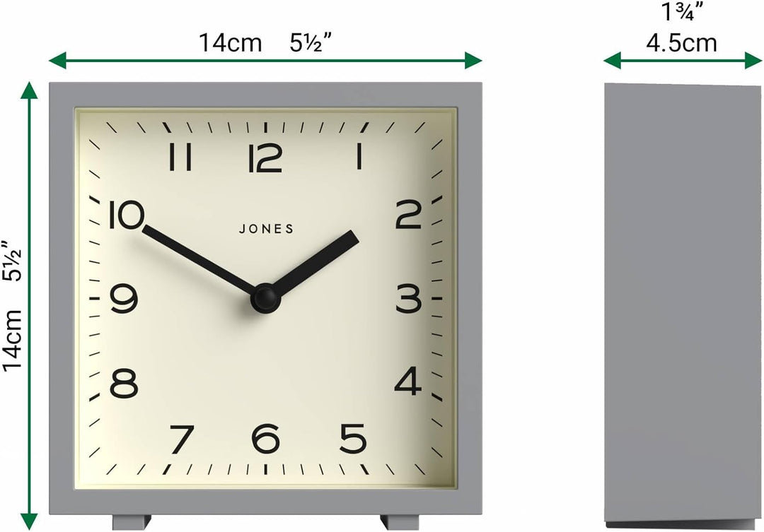 JONES CLOCKS® Disco Tischuhr | Quadratisches Design | Grau | Stilvoll und gut lesbar für Regal, Tisc