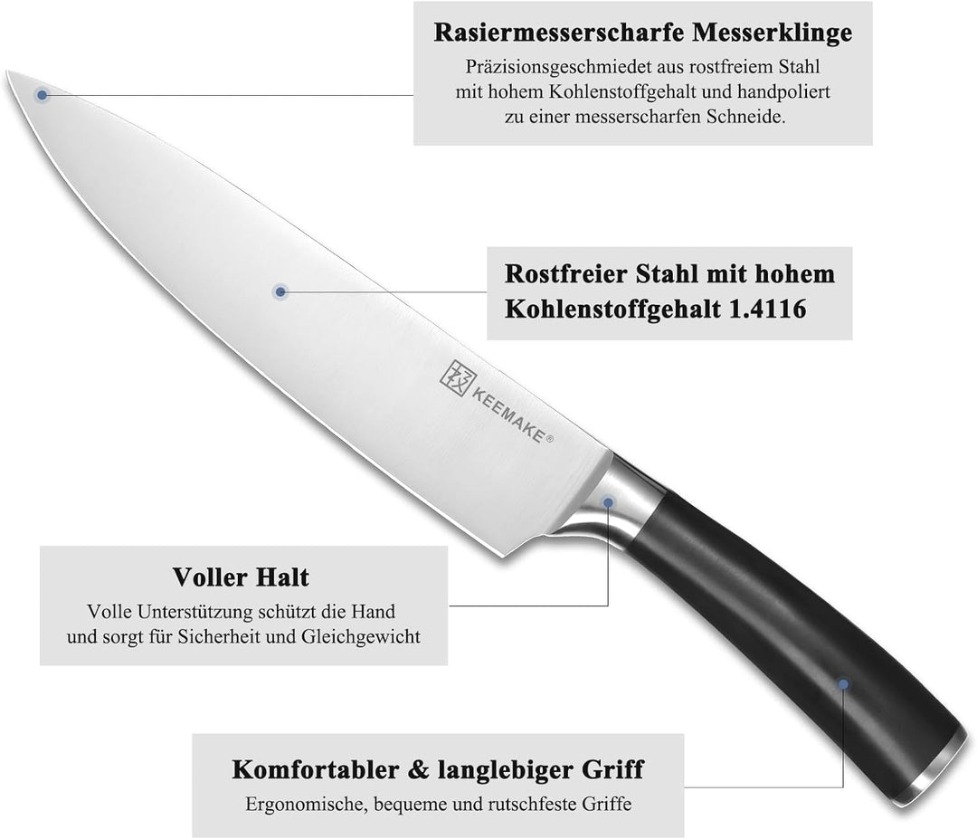 KEEMAKE Messerset mit Messerblock, 7-teilig Küchenmesser Set mit Holzblock, Scharfe Kochmesser aus E