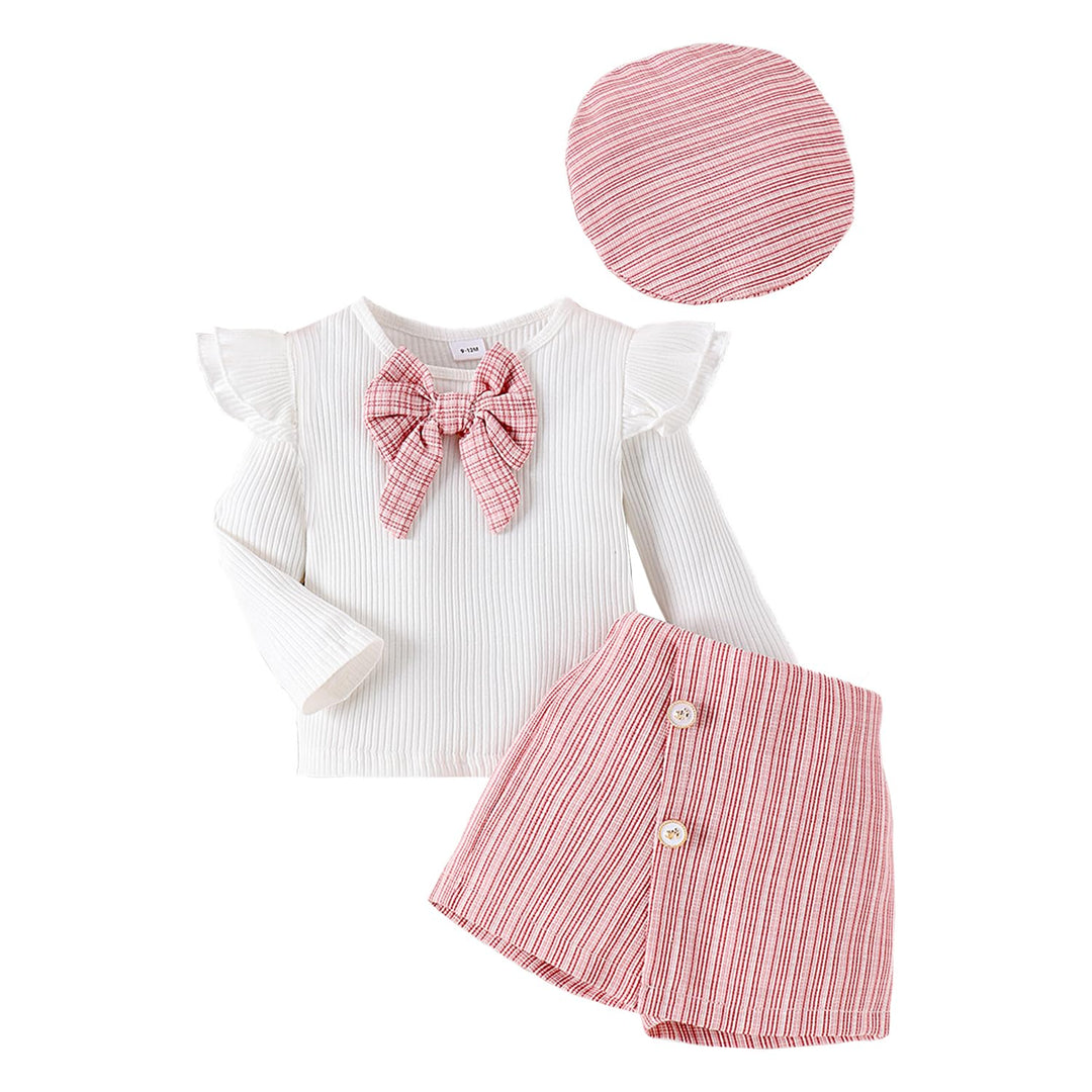 Kleinkind Baby Mädchen Outfits Rüschenärmel Gestrickt Bowknot Shirt + Elegant Mini Rock+ Baskenmütze