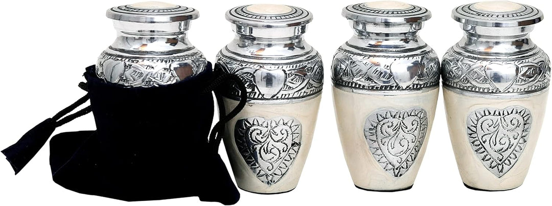 HLC Urns Urnen-Urnen-Set mit 4 Herzen, 4 Stück, für die menschliche Asche, mit Samtbox und 4 Samtbeu