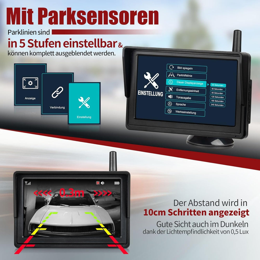 Funk Solar Auto Rückfahrkamera im Nummernschild 5" IPS Monitor Rückfahrsystem mit Solarpanel im Kenn