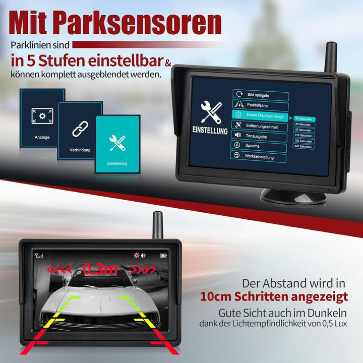Funk Solar Auto Rückfahrkamera im Nummernschild 5" IPS Monitor Rückfahrsystem mit Solarpanel im Kenn