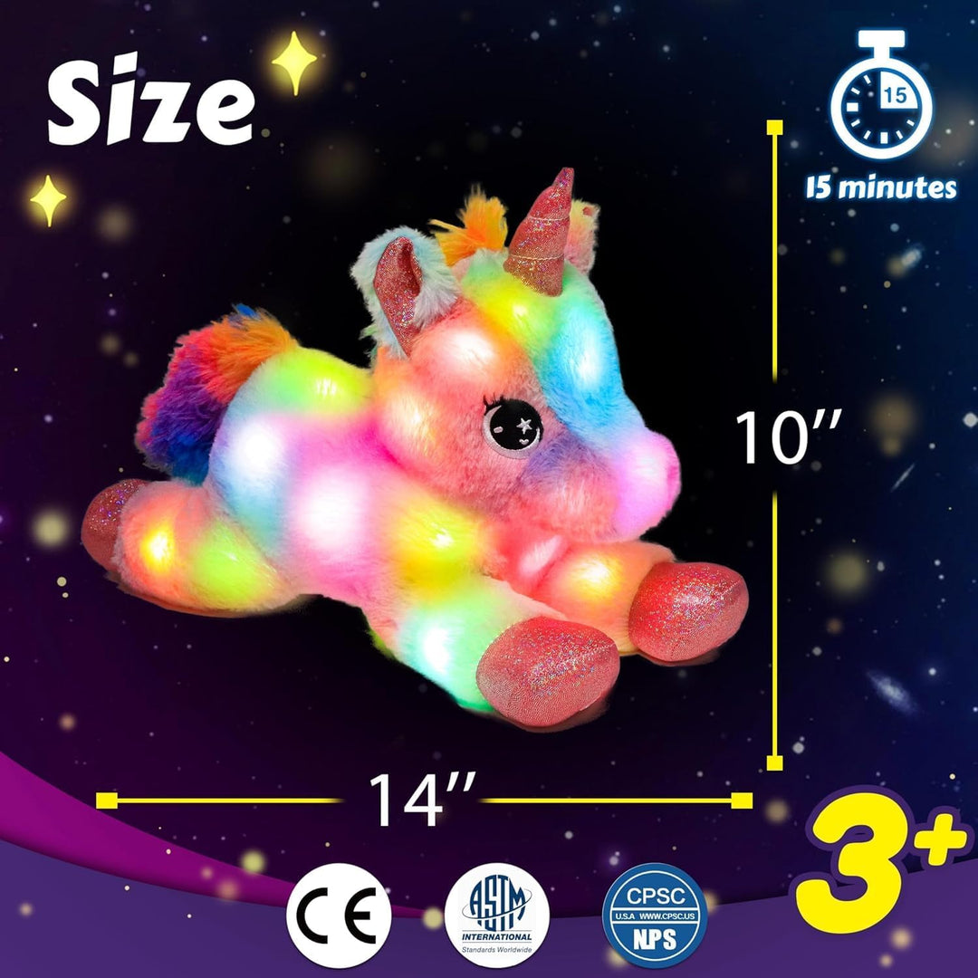Bunt LED Einhorn Plüschtier mit bunter Nachtlicht Funktion, Leuchtendes Kuscheltier glüht im Dunkeln