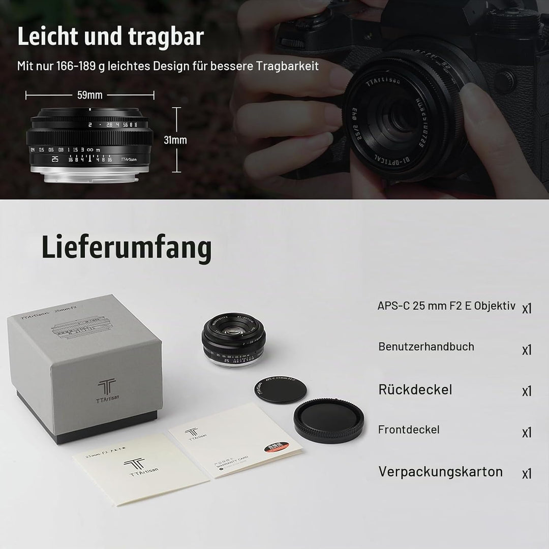 TTARTISAN 25mm F2 Kameraobjektiv Camera Lense für Sony E-Mount APS-C Manuelles Tragbares Pancake-Obj