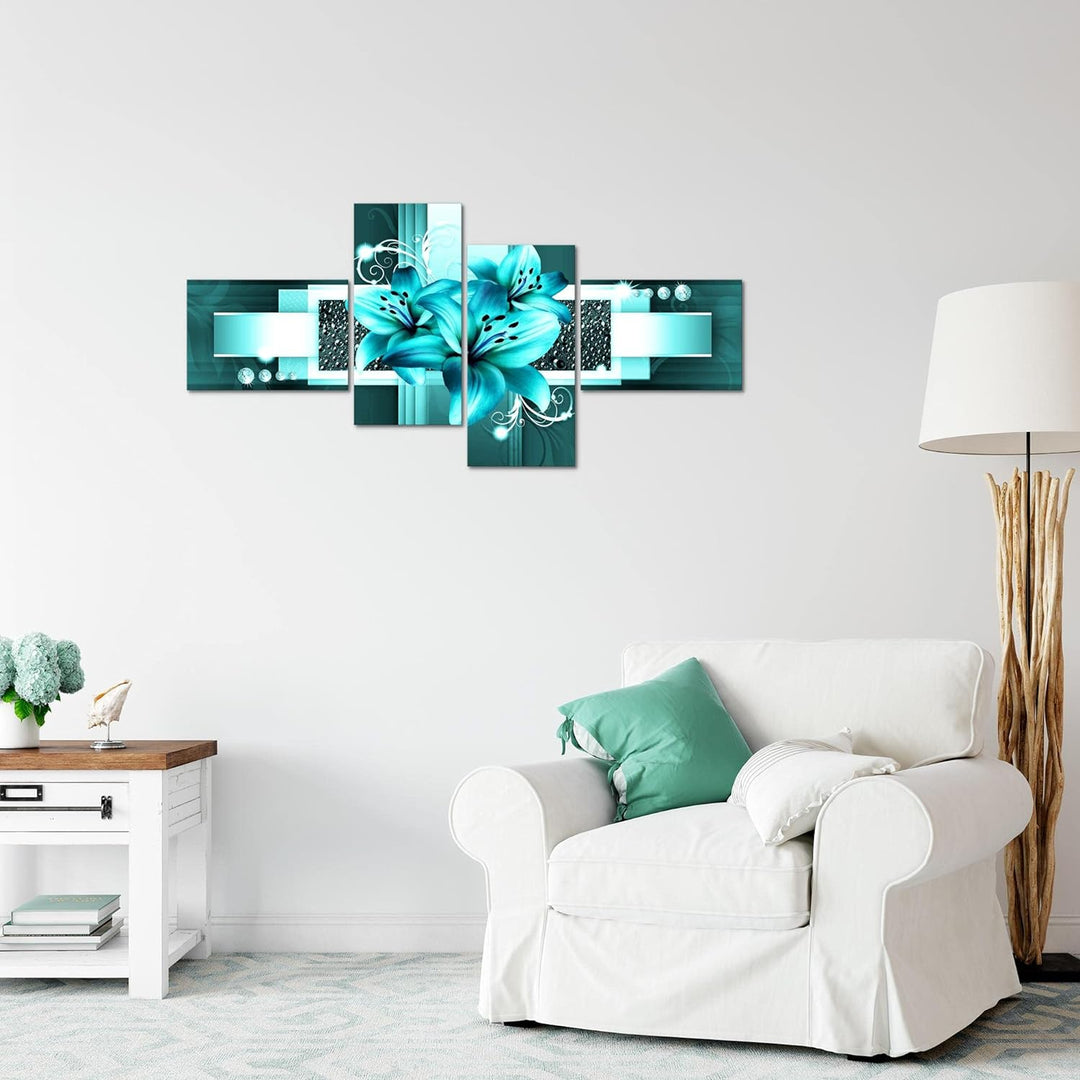 Runa Art Bild Modern Blumen Lilien - Made in Germany - Wandbilder Abstrakt Türkis 4 Teilig 008642a