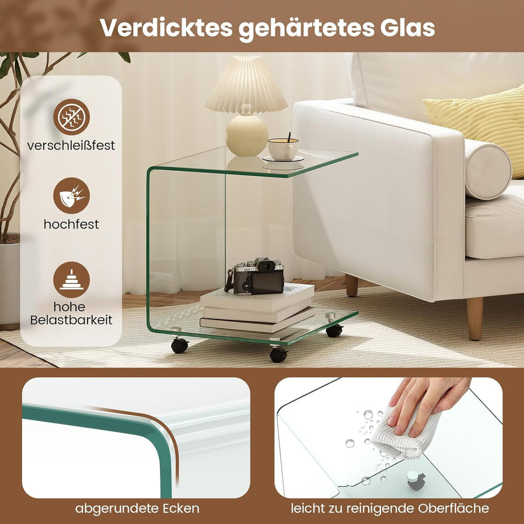 COSTWAY Beistelltisch aus gehärtetem Glas mit Rollen, Glastisch C-Form, Nachttisch, Sofatisch, Kaffe