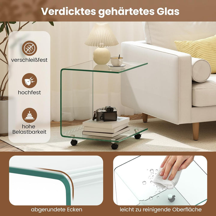 COSTWAY Beistelltisch aus gehärtetem Glas mit Rollen, Glastisch C-Form, Nachttisch, Sofatisch, Kaffe