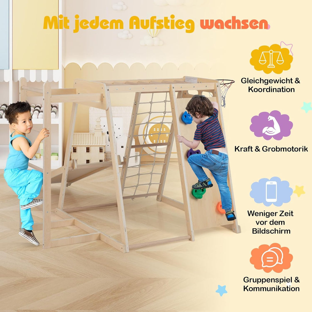 COSTWAY Klettergerüst Indoor, 6 in 1 Kletterleiter & Kletterstrick & Kletterfelsen & Rutsche & Affen