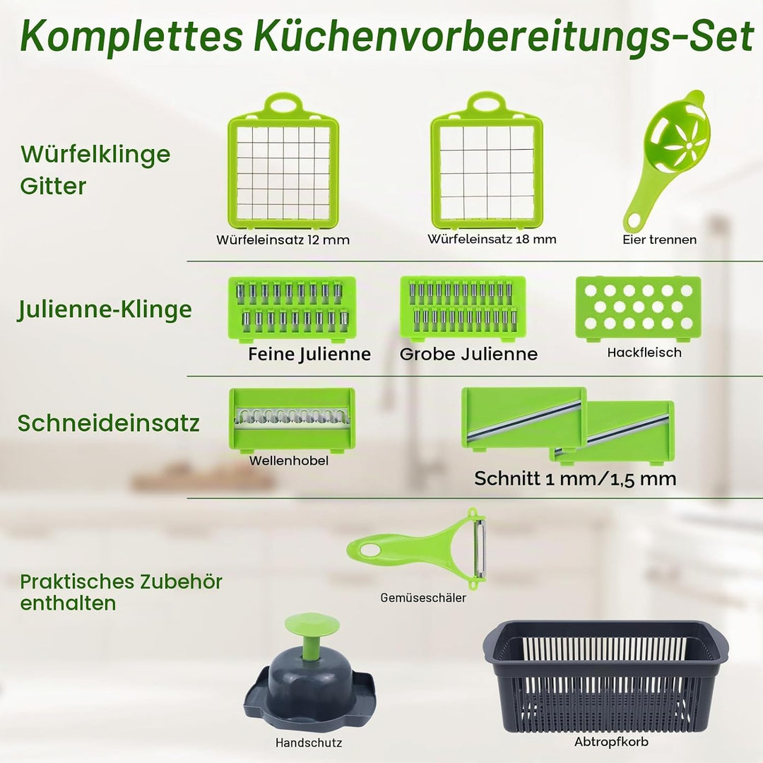 16-in-1 Gemüseschneider & MandoIine – Multifunktionaler Gemüsehobel mit Auffangbehälter, Abtropfkorb