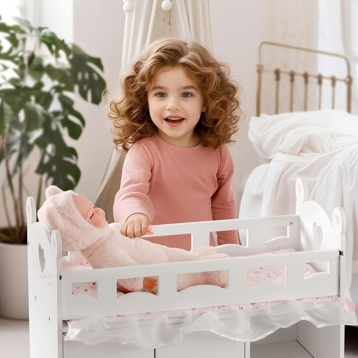 ROBUD Puppenbett mit Kleiderschrank – Holz Spielmöbel für Puppen bis 55 cm, mit Zubehör & grossem St