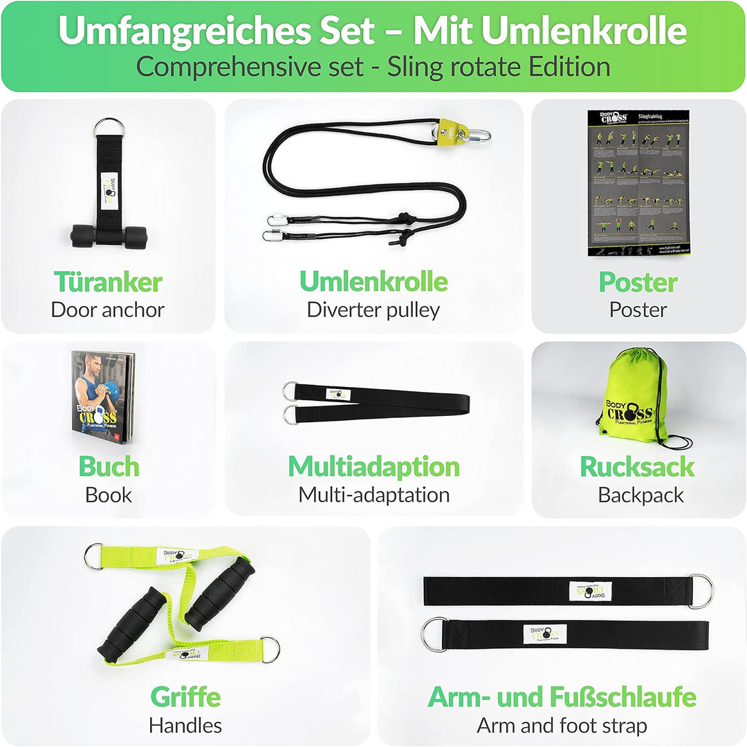 PREMIUM Schlingentrainer mit Umlenkrolle, Türanker, Poster, Trainingsplan, Befestigungsschlaufe| Mad