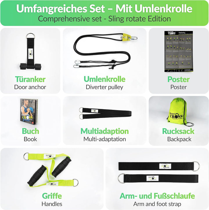 PREMIUM Schlingentrainer mit Umlenkrolle, Türanker, Poster, Trainingsplan, Befestigungsschlaufe| Mad