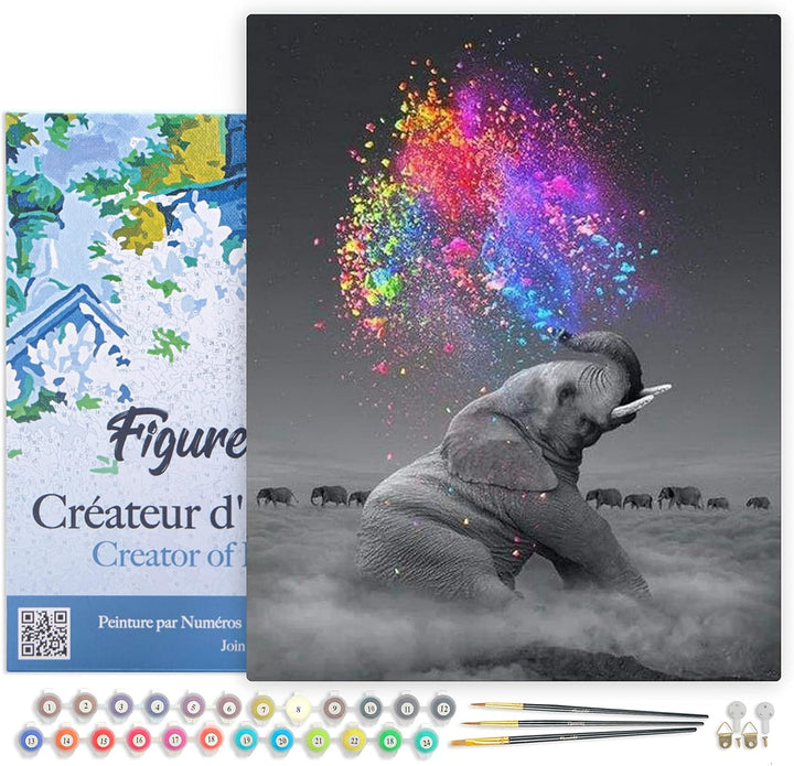 Figured'Art Malen Nach Zahlen Erwachsene Mit Rahmen Elefant und Farbexplosion - Paint by Numbers Bas