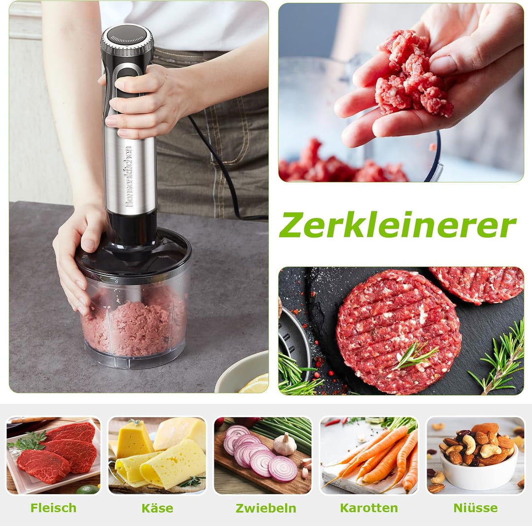 Bonsenkitchen Pürierstab, 4-en-1 Stabmixer Elektrischer, 1000W Stufenlos Geschwindigkeiten, Edelstah