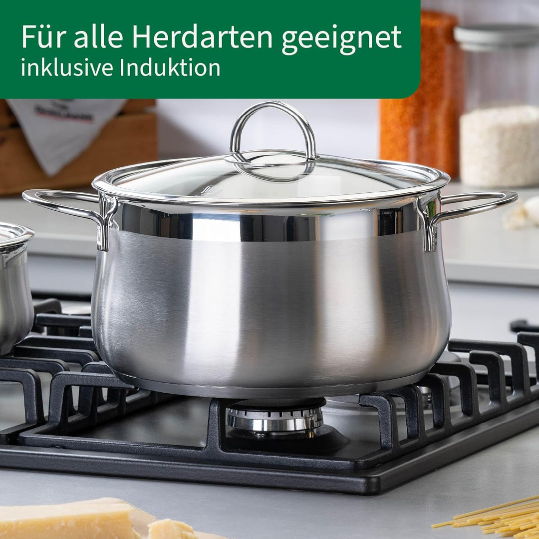 FACKELMANN Chefkoch trifft Kochtopf mit Glasdeckel – ø24cm Edelstahl 18/8, Aluminium-Kern, für alle