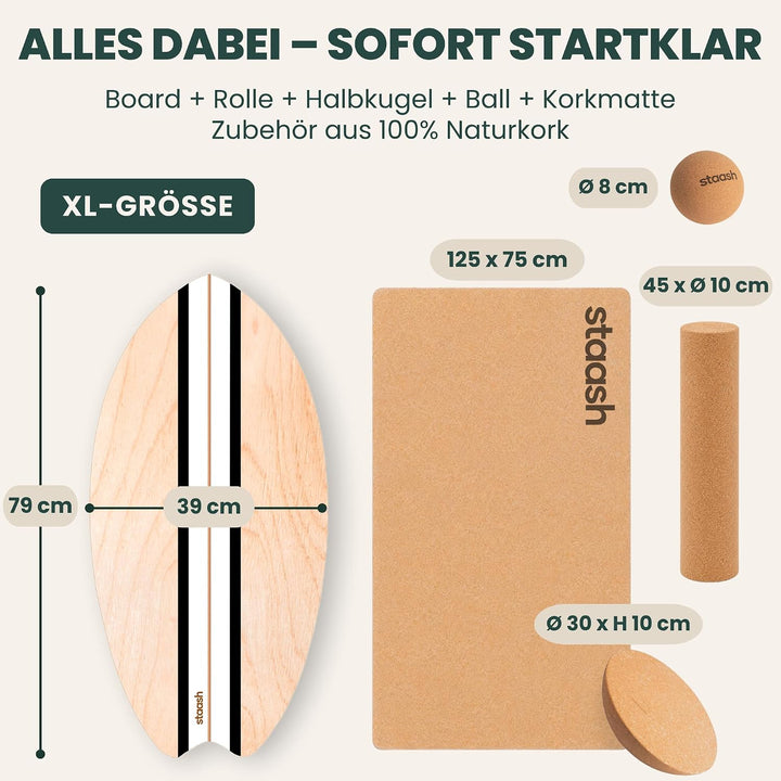 STAASH® PRO Balance Board - Premium Birkenholz mit 5 Trainings-Modulen | Komplettset für Core, Balan