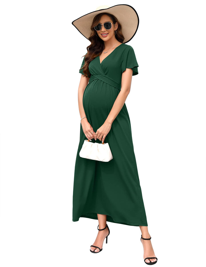 KOJOOIN Damen Umstandskleid V-Ausschnitt Langes Stillkleid 3/4 Ärmel Casual Falten Schwangerschaftsk