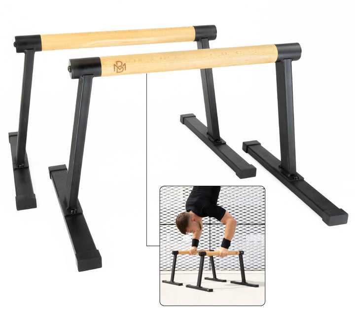 Müller & Blum Parallettes Holz mit Handgelenkbandagen, Calisthenics Bar mit rutschfesten Griffen, Mi
