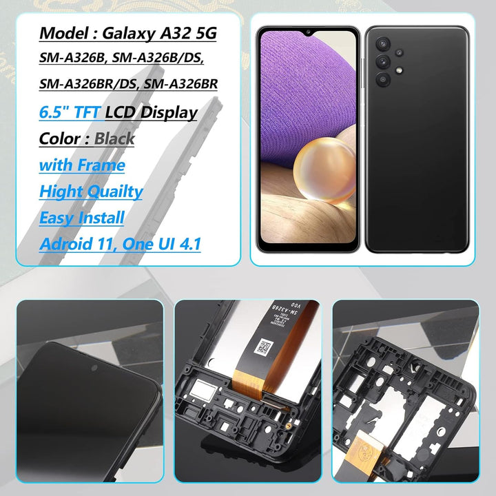 YHX-OU Schwarz + Rahmen Display für Samsung Galaxy A32 5G SM-A326B/DS LCD Display Touchscreen Ersatz