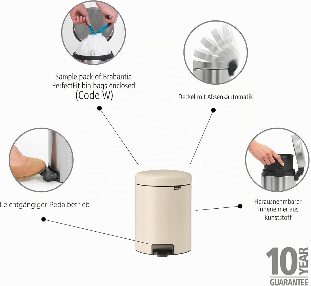 Brabantia - NewIcon Treteimer 5L - Kleiner Abfalleimer für Bad oder Toilette - Sanft Schliessender D