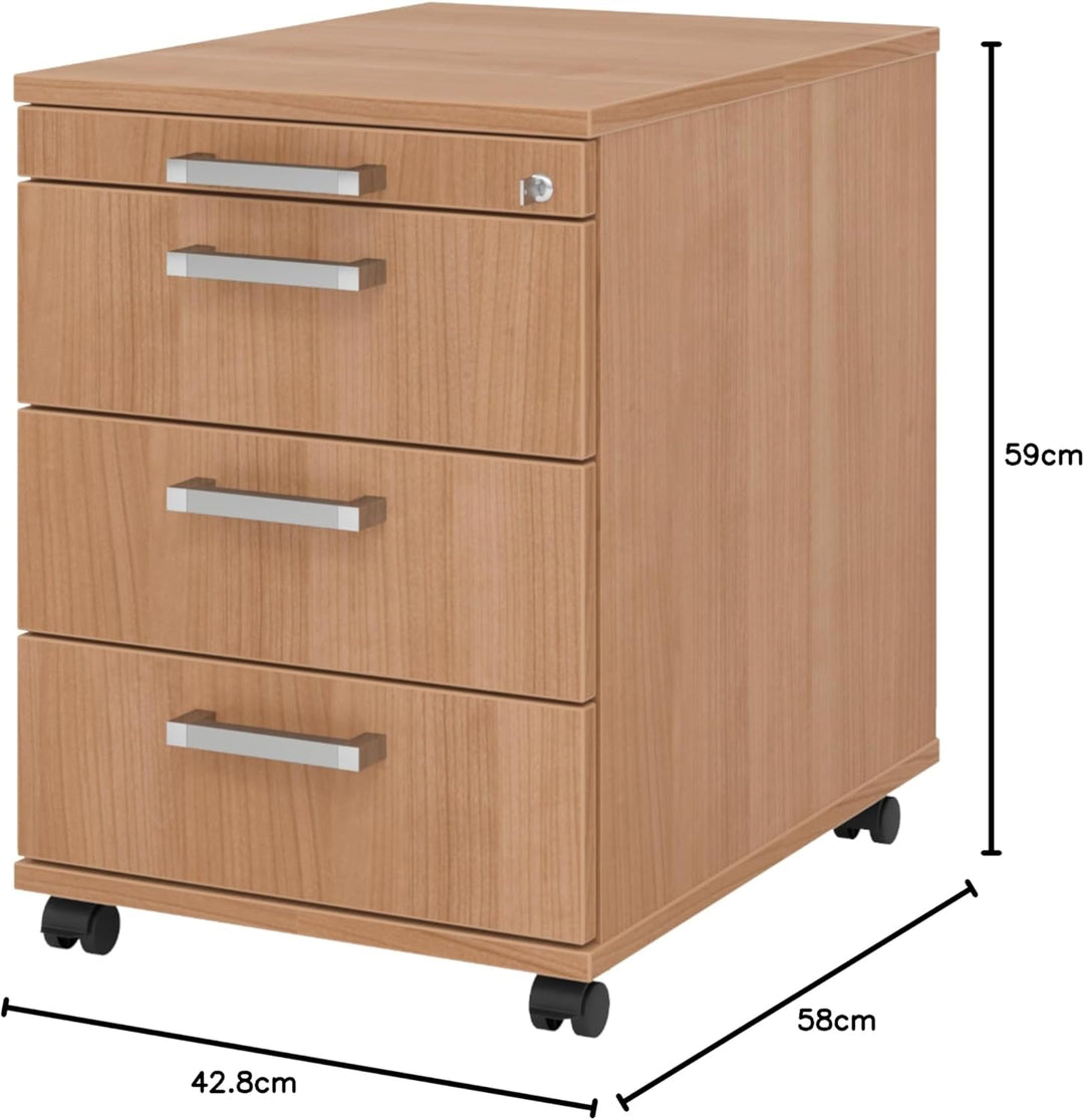 bümö Rollcontainer mit Schubladen, Container abschliessbar aus Holz in Nussbaum - Rollwagen für&