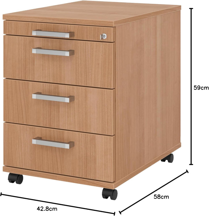 bümö Rollcontainer mit Schubladen, Container abschliessbar aus Holz in Nussbaum - Rollwagen für&
