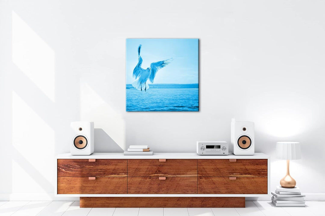 Fliegende Möwe über dem Bodensee im Format: 70x70 Effekt: Zeichnung als Leinwandbild, Motiv auf Echt