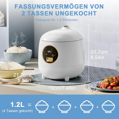 Bear Reiskocher 2-Tassen ungekocht, 1.2L Reiskocher klein mit Antihaftbeschichtung, BPA-frei, tragba