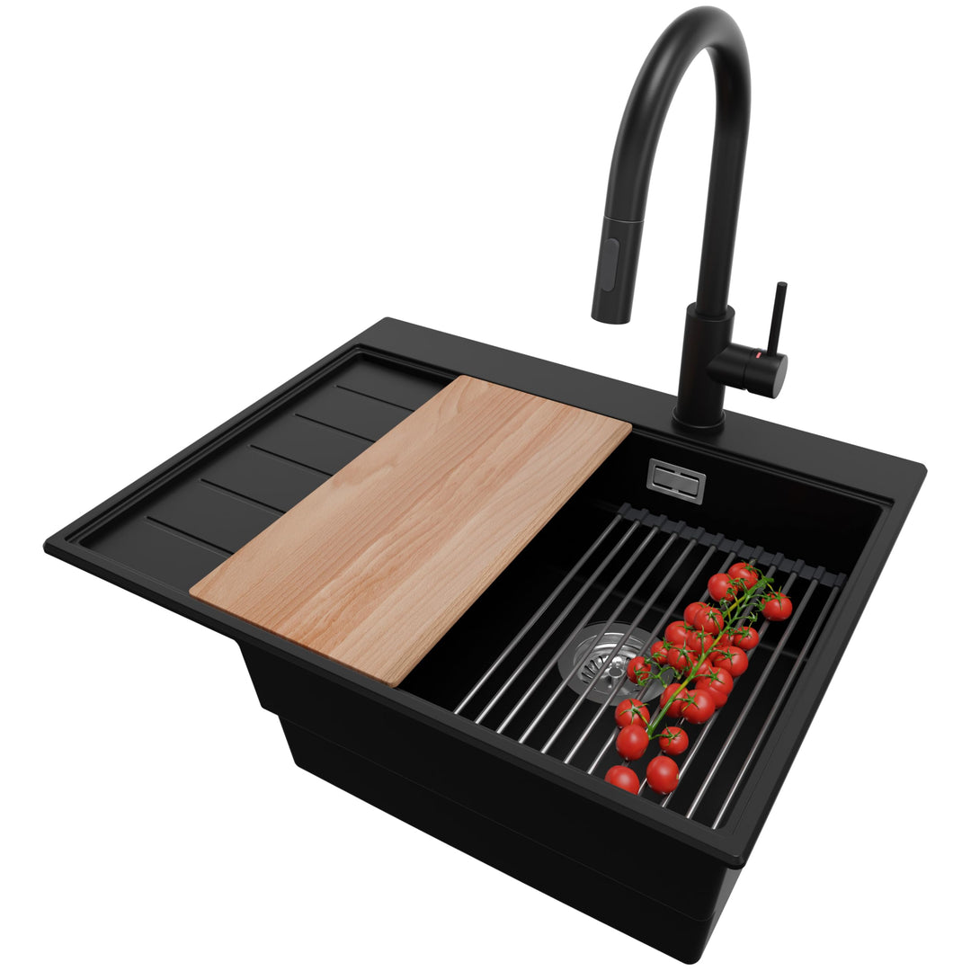 PRIMAGRAN Granitspüle Schwarz 62x50cm, Spülbecken 1 Becken + Küchenarmatur 40x20cm + Ablauf-Set, Küc