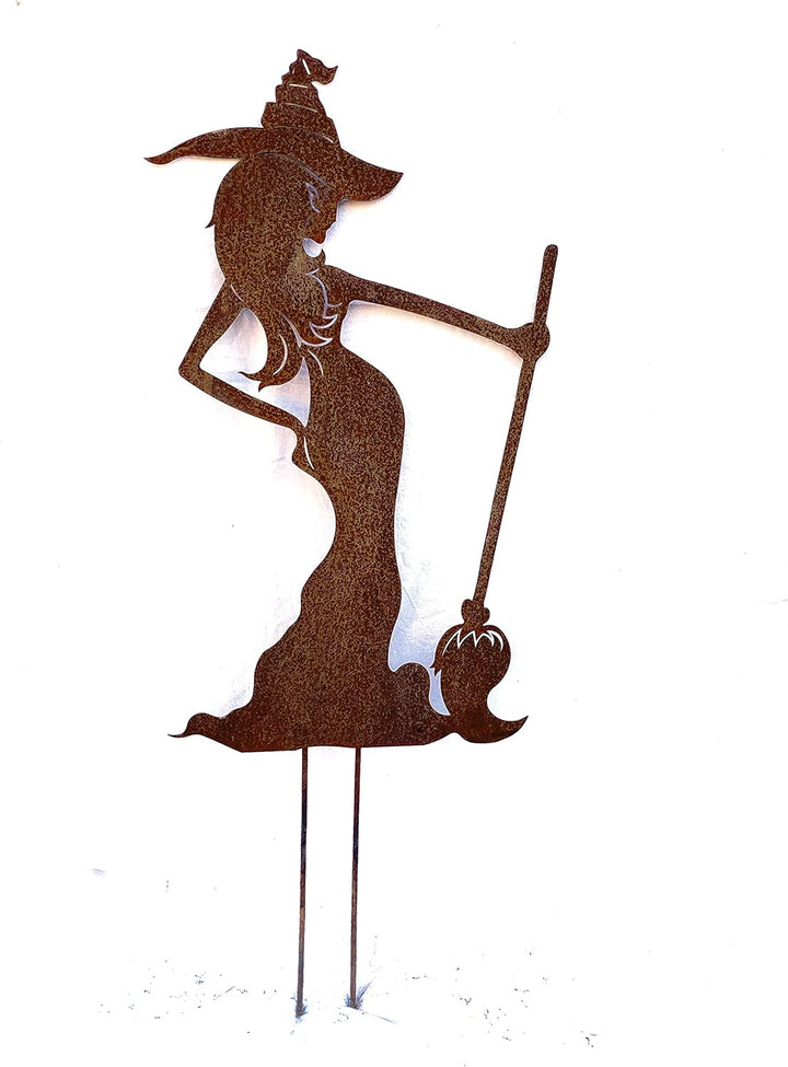 Gartenfigur Sexy Hexe stehend mit Besen gross 90x52cm Gartenstecker Edelrost Gartendeko Wetterfest R