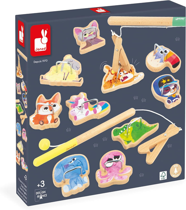 Janod - Angelspiel Applepop - Geschicklichkeitsspiel für Kinder - 2 Greifer + 10 Tiere + 1 Beutel -