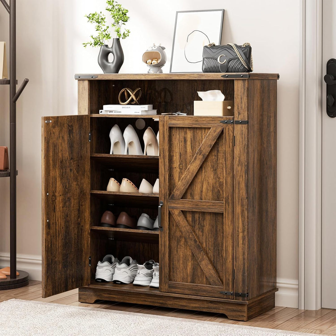 OCTORO Schuhschrank mit 2 Türen, Schuhschrank Holz im Landhausstil, Schuhkommode mit verstellbaren E