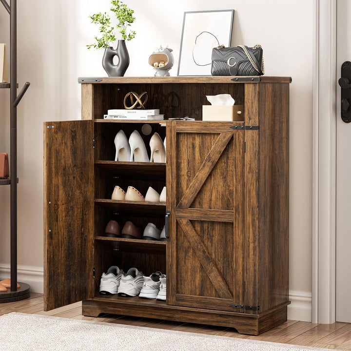 OCTORO Schuhschrank mit 2 Türen, Schuhschrank Holz im Landhausstil, Schuhkommode mit verstellbaren E
