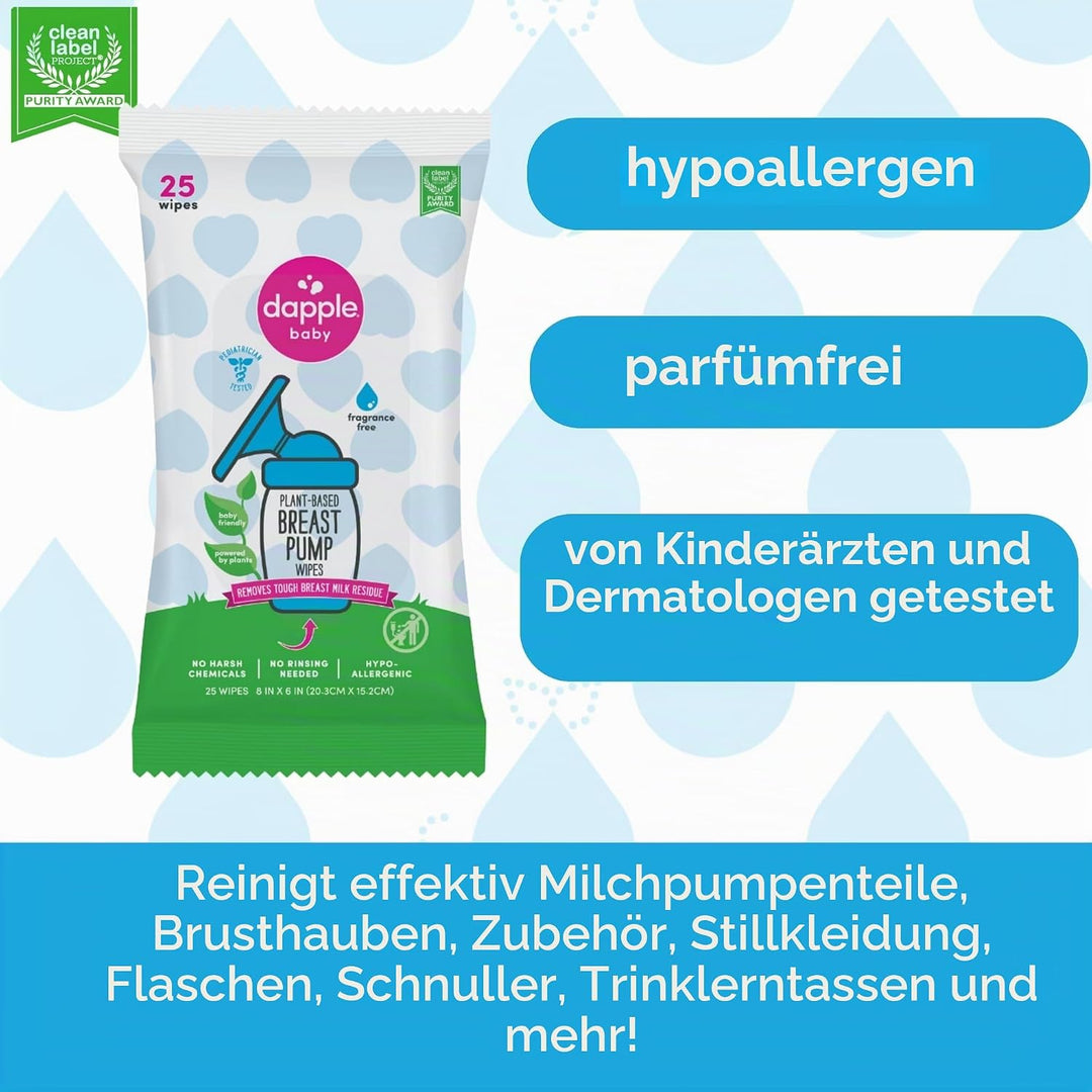 Dapple Baby Milchpumpentücher 25 Stück, parfümfrei, pflanzlich und hypoallergen, entfernt Milchrücks