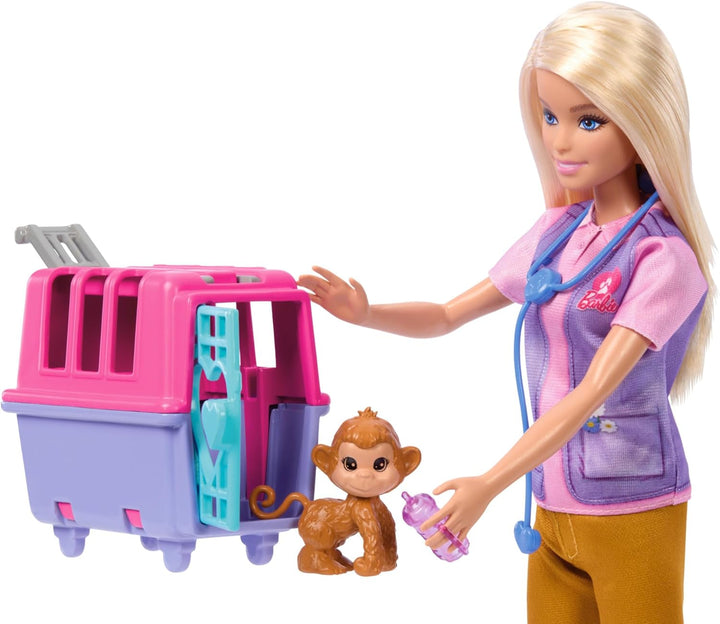 BARBIE Tierrettungsspielset - Barbie-Puppe mit Tiger und Äffchen, Transportbox mit funktionierender