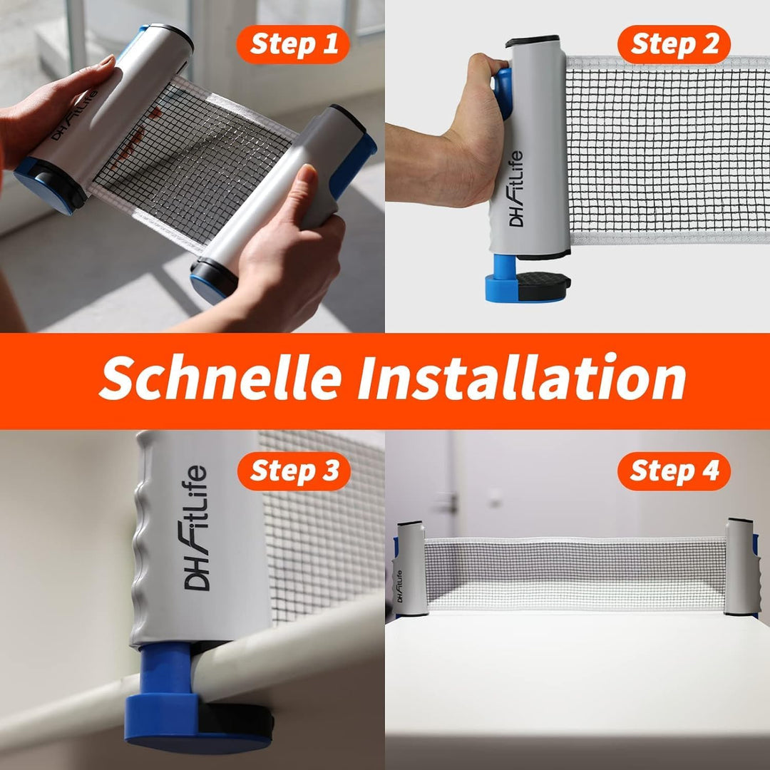 DH FitLife Tischtennisschläger Set für 2 Spieler, mit ausziehbarem mobilen Tischtennisnetz, 3 Tischt